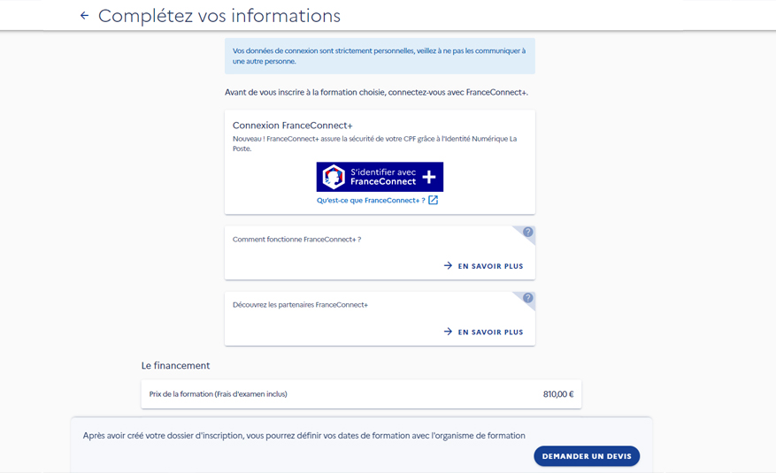 Ecran page de connexion avec FranceConnect