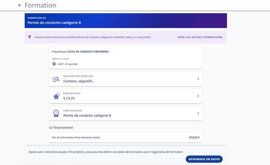 Visuel d'écran indiquant la sélection d'une formation permis de conduire avec un bouton cliquable en bas de l'écran "demander un devis"