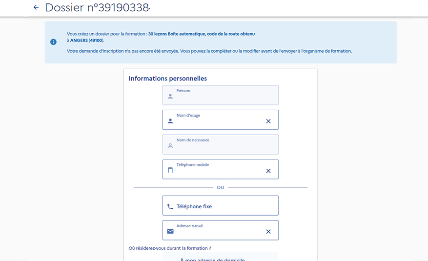 Ecran avec formulaire pour remplir les informations personnelles