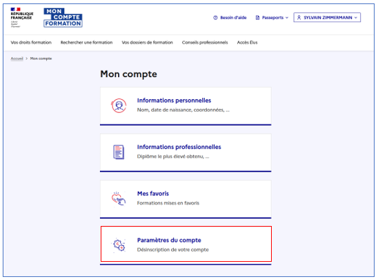 Accès paramètre du compte 